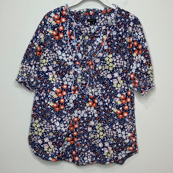 Talbots Tops - Talbots Floral Print Short Sleeve Blouse Size M Ruffle Trim Smocking